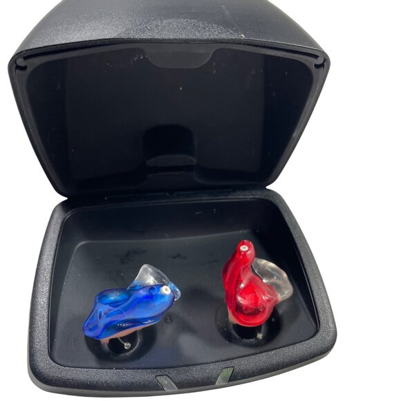 Starkey Red & Blue Custom Hearing Aids With Charging Case & Cleaning Tool - Picture 1 of 14